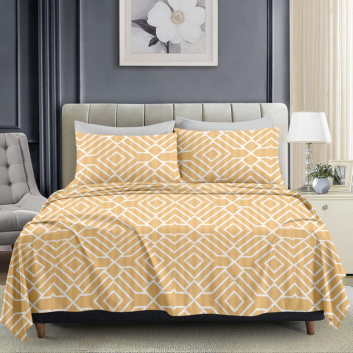 Geometric Pattern California King Size Bed sheet and 2 x Pillow covers